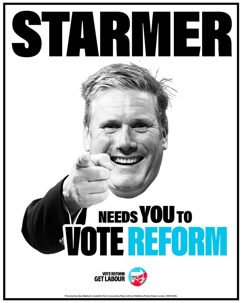 Conservatives's tweet image. Keir Starmer knows that the more people who vote Reform, the more seats he will win in Parliament.