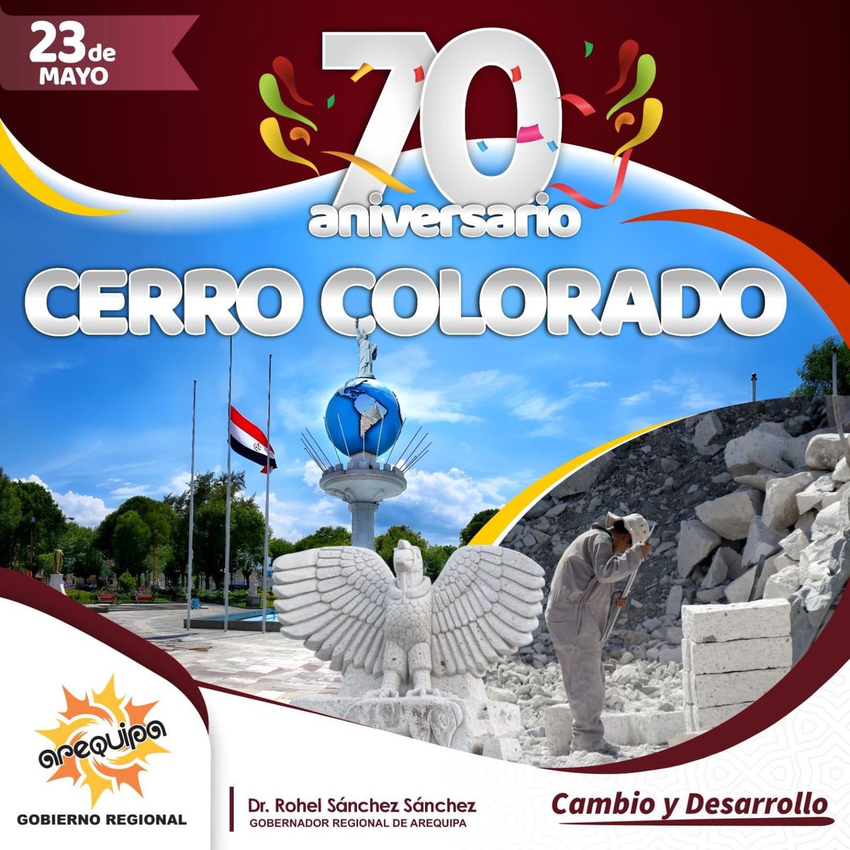 #23DeMayo: 🎉¡Feliz 70 aniversario Cerro Colorado! 🎊🎉 Pueblo unido que escribe la historia del progreso de un nuevo Perú. #CambioYDesarrollo