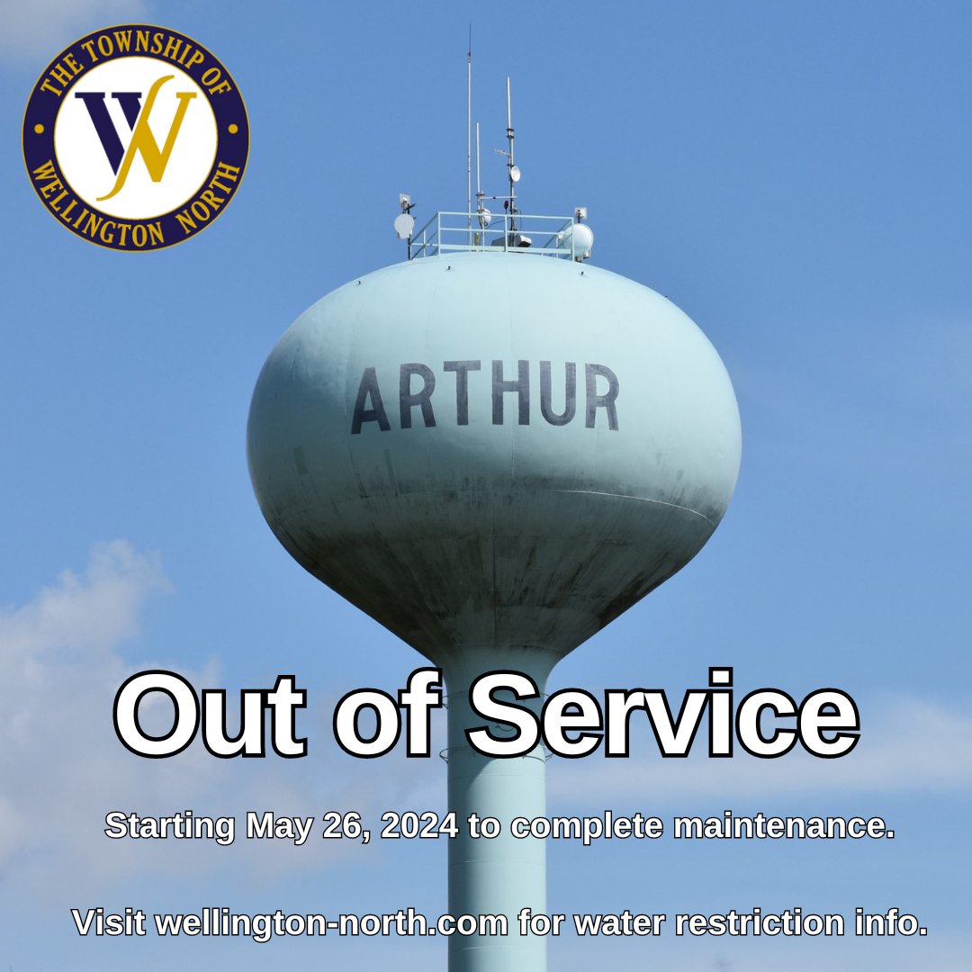 🚨 Attention: The Arthur Spheroid Water Tower will be OUT OF SERVICE starting Sunday, May 26, 2024, for about one week for maintenance. 🚧 For more info, visit wellington-north.com/news/notice-ar… #ArthurWaterTower #MaintenanceAlert