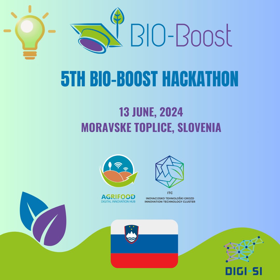 🌱 BIO-Boost Hackathon in Slovenia! #InnovationTechnologyClusterMurskaSobota together with @DihAgrifood and @DIGI-SI is organizing the 5th BIO-Boost Hackathon in June 2024 Location: Moravske toplice, Slovenia Stay tuned for results! #BIOBoostHackathon#Bioeconomy
