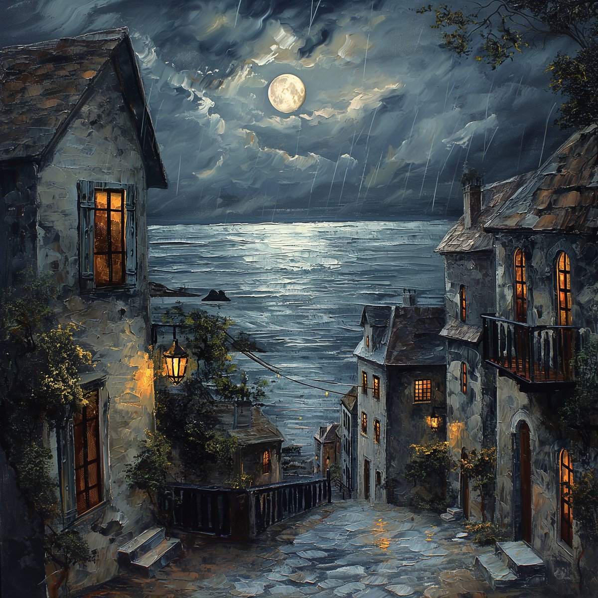 Coastal town Moonlight kisses waves, Silent streets embrace the shore, Whispers of tides’ love. #aiart, #aiartcommunity, #AIArtworks,