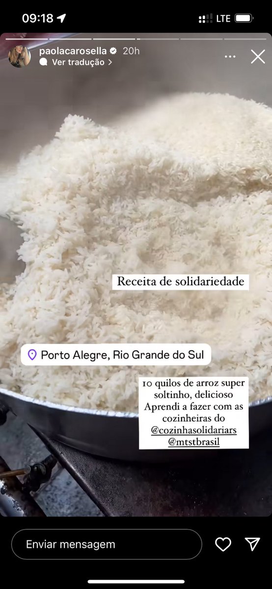 A Paola Carosella postando que >>aprendeu<< a fazer grande quantidade de arroz soltinho com as cozinheiras do MTST. A humildade de querer (e se permitir) aprender mesmo já sendo uma das maiores chefs de cozinha do país 👏🏻🥰