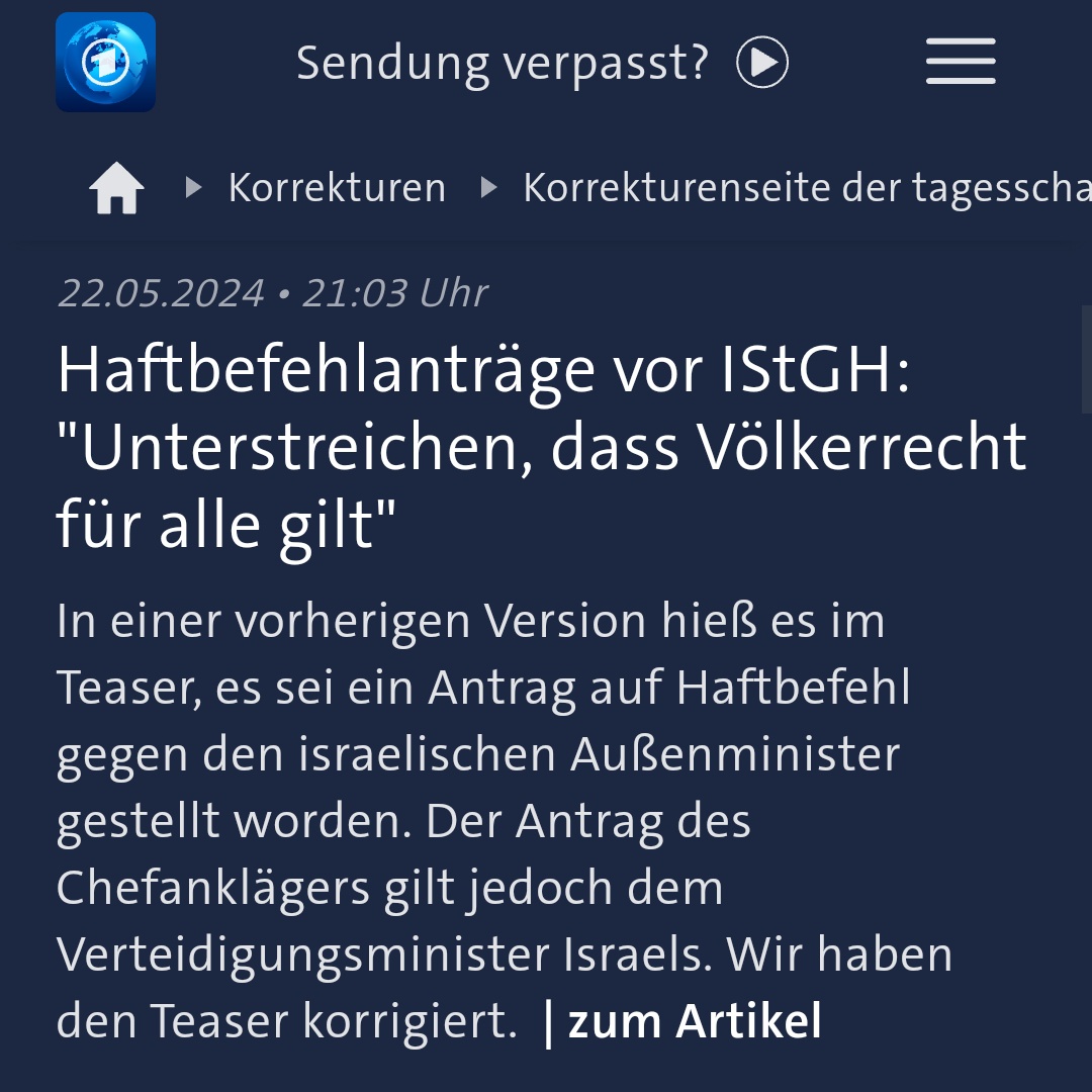 Der Fehler wurde von der Tagesschau-Redaktion nun endlich korrigiert. Leider wurde jedoch wieder nicht der aktuelle Stand des Artikels angepasst. Es wird nach wie vor fälschlicherweise behauptet, dass sich der Artikel auf dem Stand vom '20.05.24 17:25 Uhr' befinden würde, obwohl