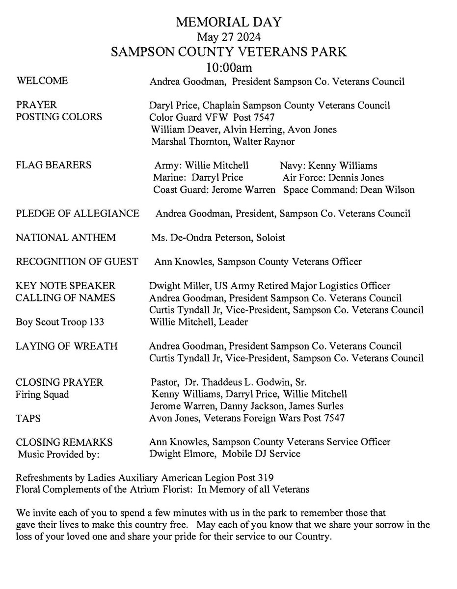 Join Sampson County Veterans Services for a Memorial Day Ceremony on Monday, May 27 at 10 AM. The event will take place in the Sampson County Veterans Park located at 200 Northeast Blvd., Clinton, NC.
#SampsonCountyNC #MemorialDay #veterans