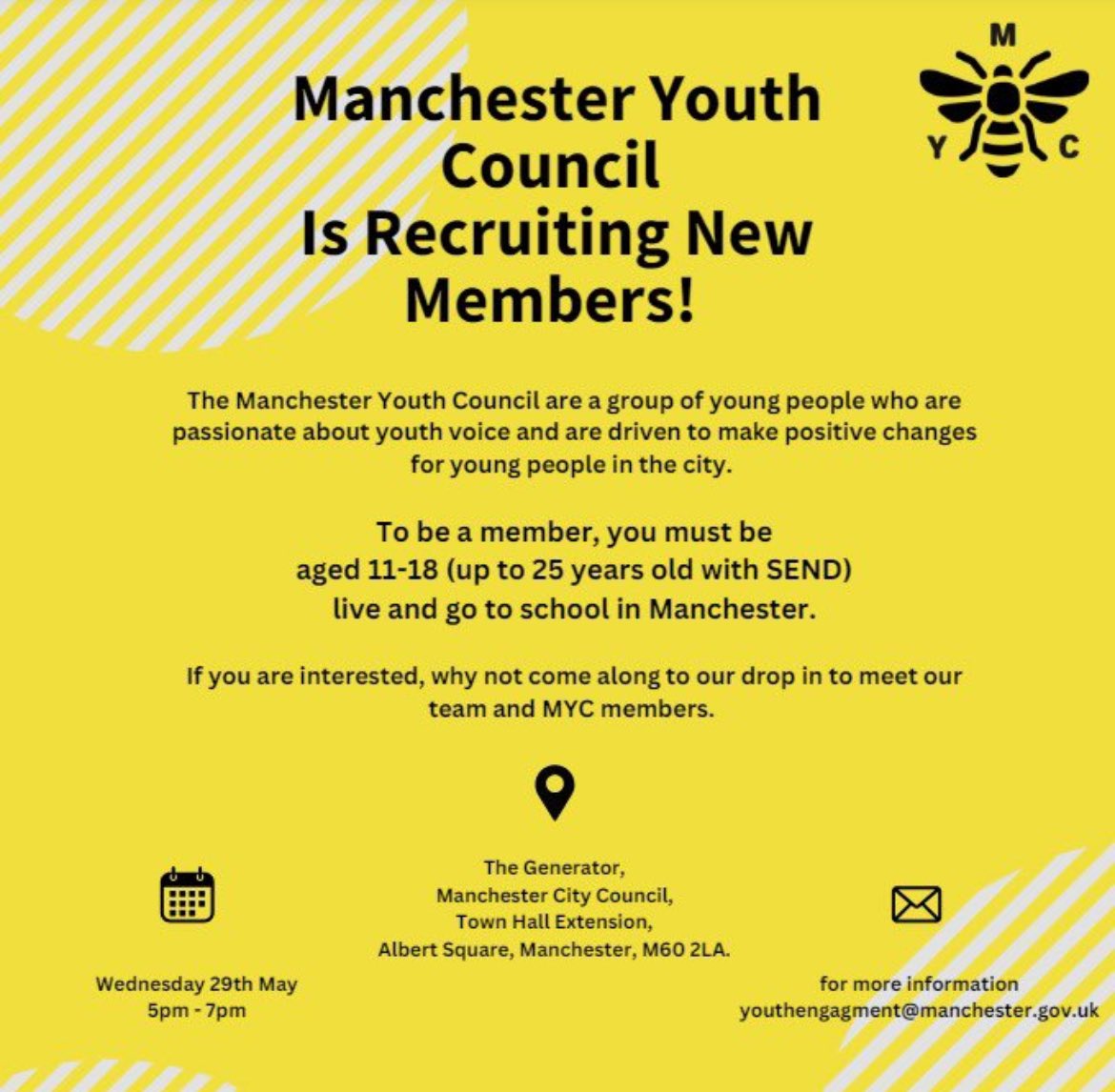 We are recruiting new members for Manchester Youth Council. If you have always been curious about what we do why not come along to our drop in session next week! Please share! #Childfriendlycitymcr #Article13 #Article15