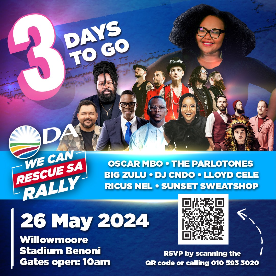 💥Just 3️⃣ days left! Join us at the DA's We Can Rescue SA Rally - you don't want to miss out on this star-studded line up 🔥 RSVP today! #RescueSARally