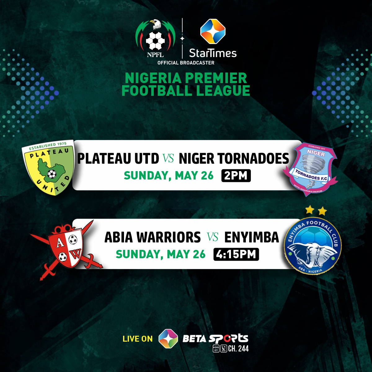 The Nigeria Premier Football League continues on Sunday, May 26. Catch all the action on Beta Sports CH 244, only on #StarTimesSports. #npfl24 #npfl #football #naijasports #StarTimesSports