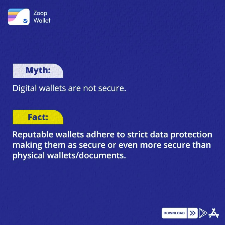 ZoopWallet's tweet photo. It's time to debunk myths around digital wallets 💯 They aren't just secure, they're backed with cutting-edge encryption📲 &amp; data protection measures making your information safe in the digital world.

#digitalwallet #securewallet #dataprotection #safeinformation #digitalindia https://t.co/X5AbSpVGz2
