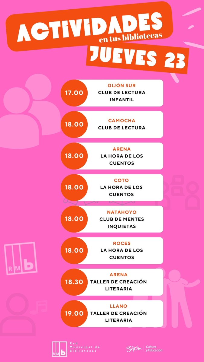 Éstas son las actividades para hoy en las #bibliotecasdegijon 📚

@gijon ☀️
@Culturagijon 🎶
Me muevo con @GijonBus 🚍