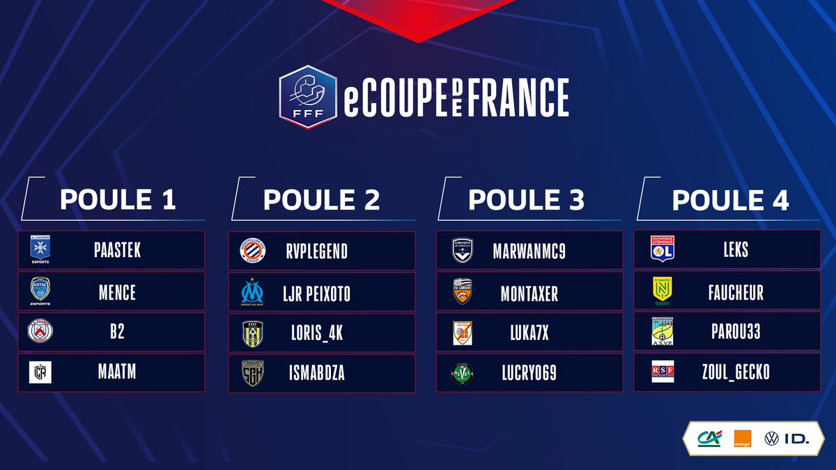 efootdefrance's tweet photo. Voici les poules de la phase de finale de l’#eCoupeDeFrance 🗒️

📱 #eCoupeDeFrance 
🗓️ 24 &amp; 25 mai 
🎥 https://t.co/zzLZT76Q98 le 25 mai dès 9h30 https://t.co/w3hI74DS7A