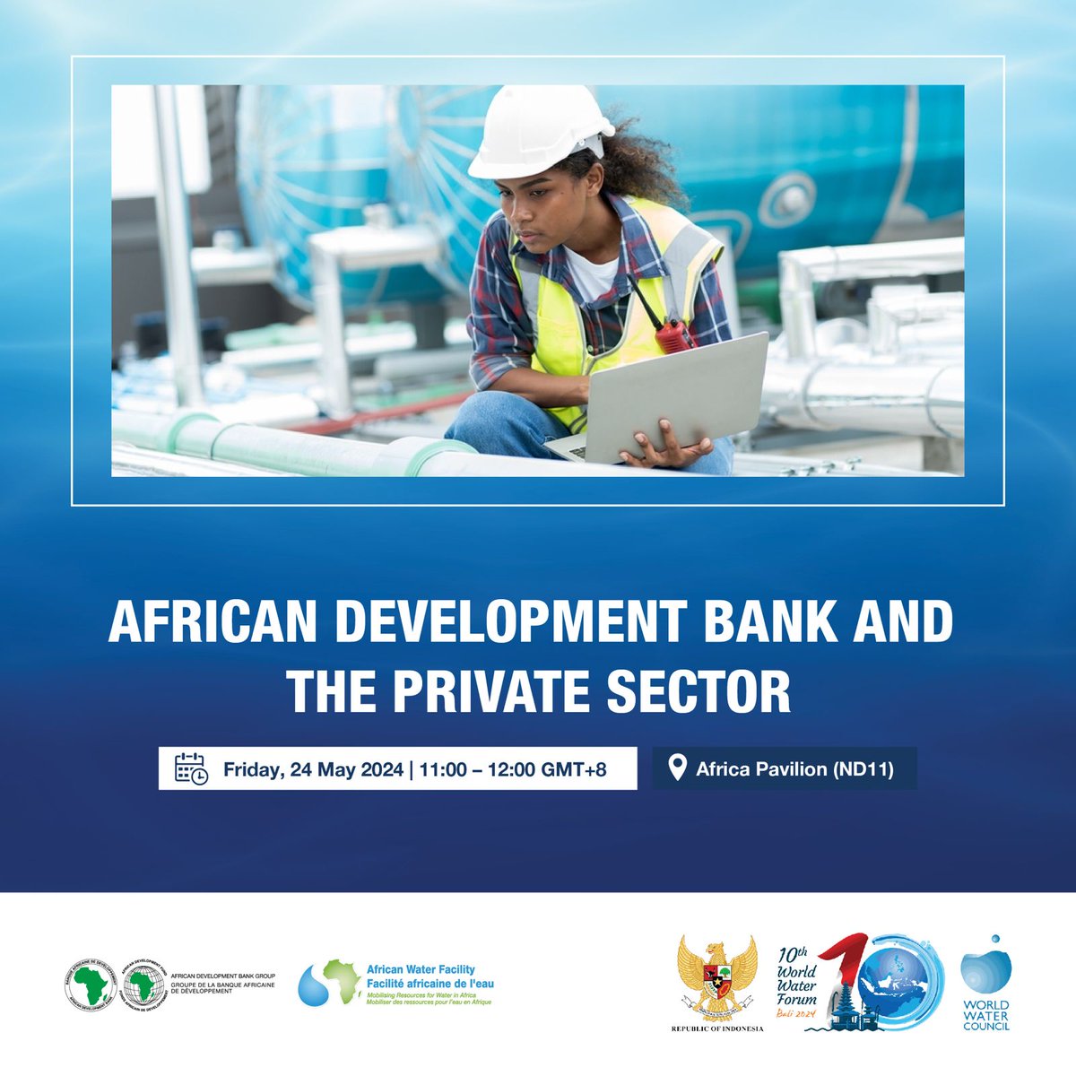 AWFbroadcast's tweet photo. Africa Pavilion is co-hosted by the @_AfricanUnion, @AfDB_Group, @amcowafrica &amp; @AWFbroadcast. 
👉 Join us tomorrow at the pavilion to learn how the Bank works w/ the private sector, to advance universal access to #water and #sanitation in #Africa.
 
#AfDBat10WWF #worldwaterforum https://t.co/9VMrv7rECo