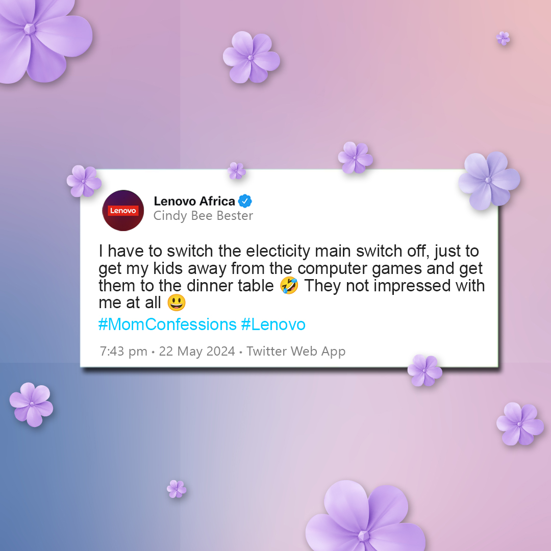 Lenovo_Africa's tweet photo. You've shared your confessions and we've listened (and laughed) π
Now it's time to vote for the best #MomConfession. Comment A, B, C or D for your favourite confession using #Lenovo to help use choose a winner.
Winner will be announced Friday 24 May. https://t.co/ZYnMlypRF5