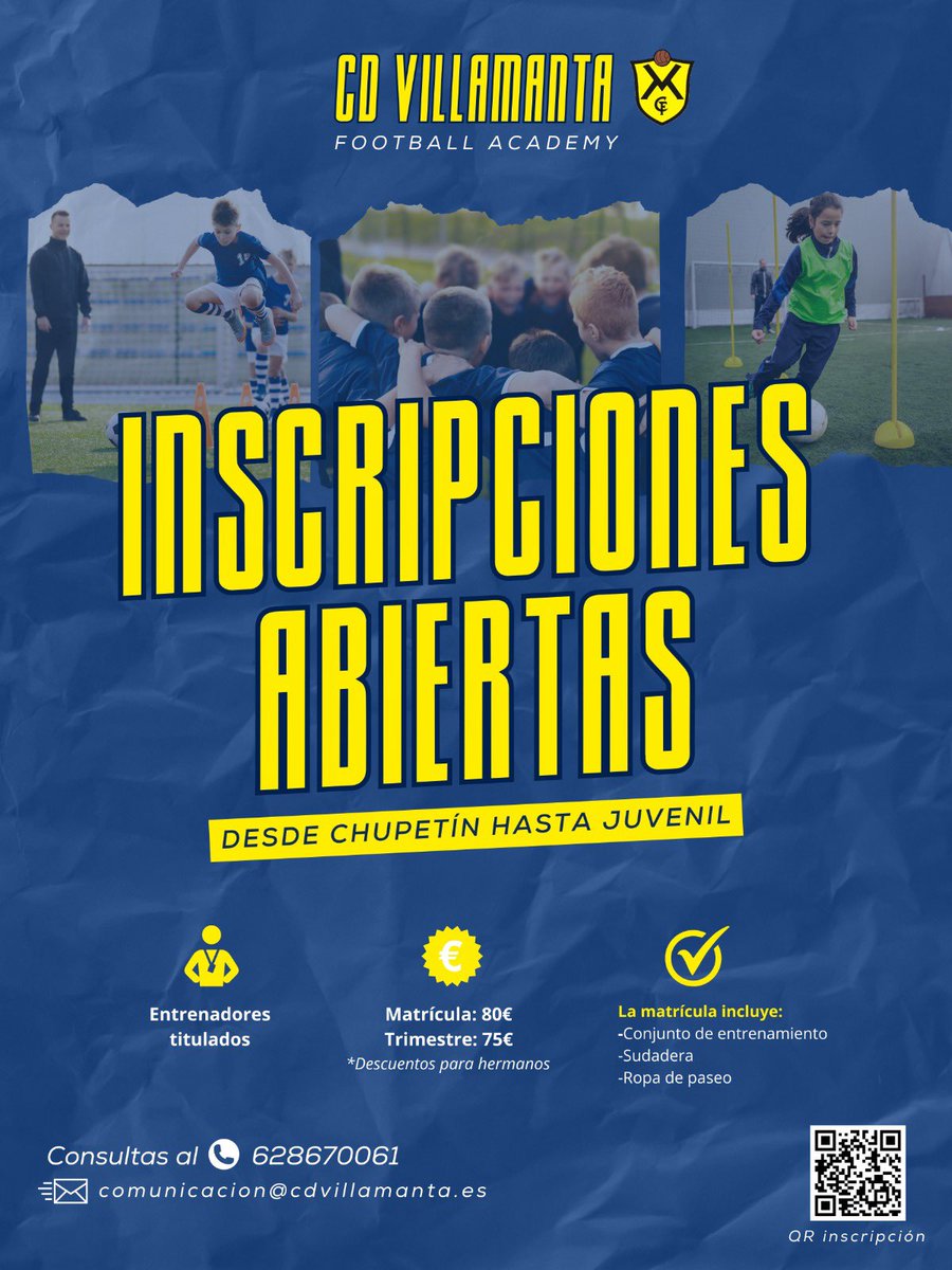 ¡Súmate al amarillo! 💛

El CD Villamanta ampliará la oferta deportiva, creando la academia de futbol para todos los niños y niñas de la comarca.

Reserva tu plaza en el siguiente enlace

🌐 cdvillamanta.es/preinscripcion/