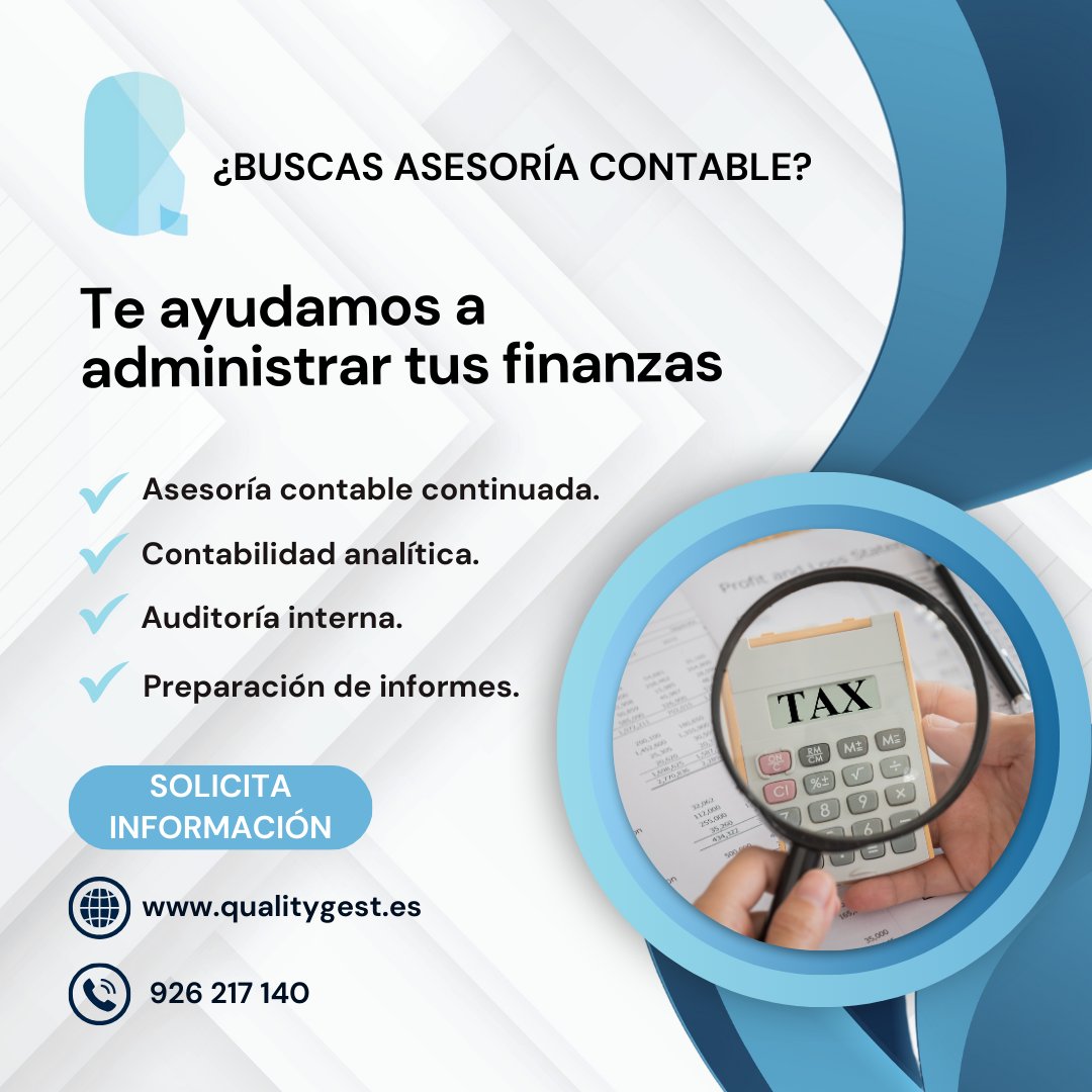 qualitygest's tweet image. ¿Buscas asesoría contable?

En QUALITYGEST te ayudamos a administrar tus finanzas de la mejor manera.  Sabemos que un buen asesoramiento marca la diferencia. 

¡Contáctanos!

✉ gestion@qualitygest.es
📲 qualitygest.es
📞 926 217 140

#contabilidad #finanzas #autonomos