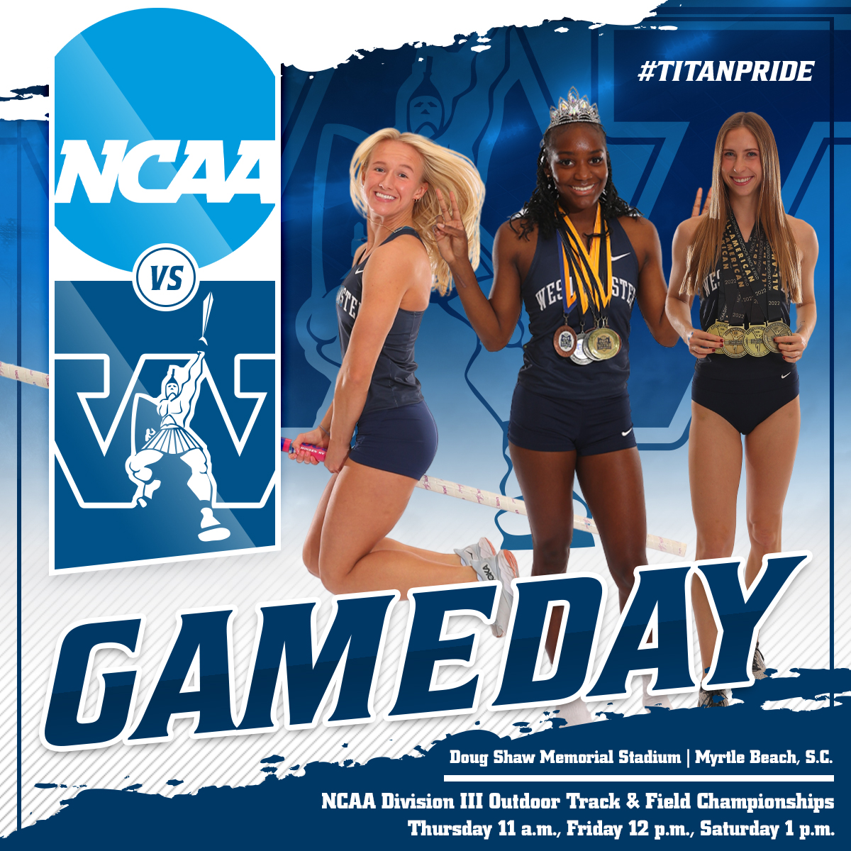 Seniors Madison Conley, Breannda Davis and Emma Rudolph will compete in the three-day NCAA Division III Outdoor Track & Field Championships held at Doug Shaw Memorial Stadium. Good luck Titans! 🆚NCAA Division III Outdoor Track & Field Championships ⏲️Thursday 11 a.m./ Friday 12