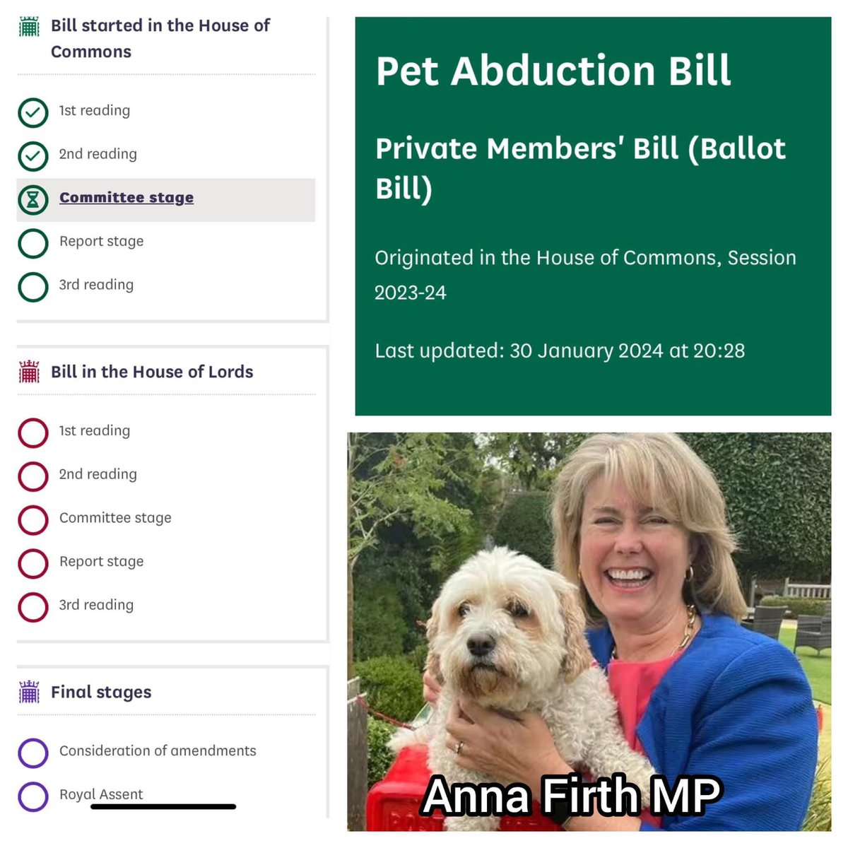 We have been told by @Anna_Firth that DEFRA have said the #PetAbductionBill will complete its passage of the Lords tomorrow, 24th May 2024! We are all incredibly grateful the Bill has been included in the Parliamentary ‘wash up’ #PetTheftReform #PetAbduction @Dr_Dan_1