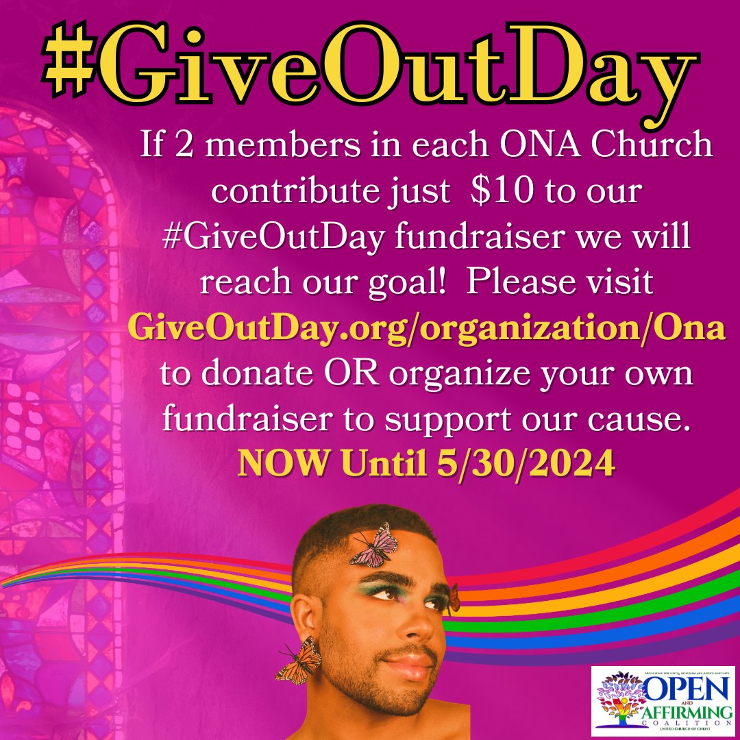 🌈🌟Just 1 week left for #GiveOUTDay! 🌟🌈
If 2 members from each ONA church give $10, we'll reach our goal and win leaderboard prizes! Every donation supports our work and boosts our chances.
Donate or start a fundraiser today: giveoutday.org/organization/O…
🏳️‍🌈
#LGBTQ #OpenAndAffirming
