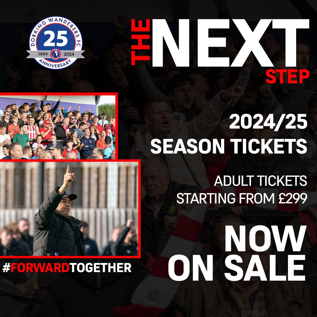 Who's ready to go again? 🗣️ 2024/25 season tickets are now on sale, including our exclusive 5 year loyalty card offer which provides you with exceptional value for money 🤩 Shop now via the link below ⬇️ dorkingwanderersfc.ktckts.com/brand/season