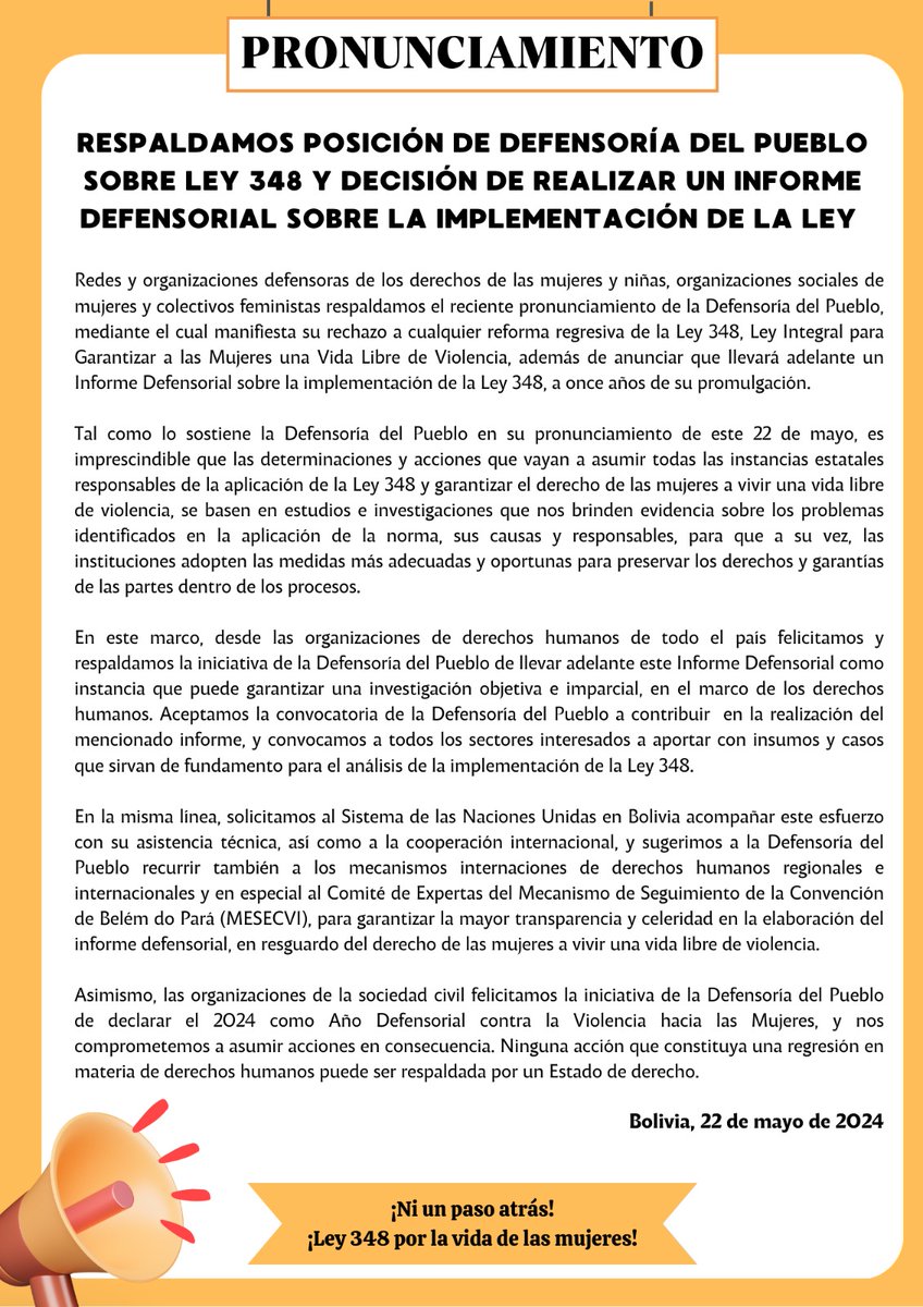 CoordinadoraBO's tweet photo. #AlertaBolivia
Más de 200 redes y organizaciones defensoras de los derechos de las mujeres y niñas respaldamos el #pronunciamiento de la @DPBoliviaOf mediante el cual manifiesta su rechazo a reformas regresivas de la #Ley348.
#ley348porlavidadelasmujeres
#NiUnPasoAtras https://t.co/oUwOdBPr8X