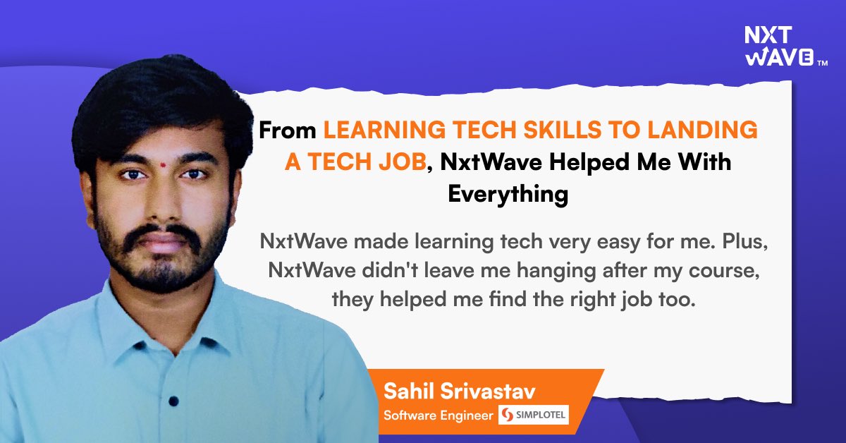 Sahil Srivastav’s transformation is just simply AWESOME! 👏

Learning tech skills, mastering them and cracking a tech job, 
he shined at every stage 🌟

Today, he is living his best life as a Software Engineer at Simplotel. 💼

We wish him great success in his career 🎉

#nxtwave