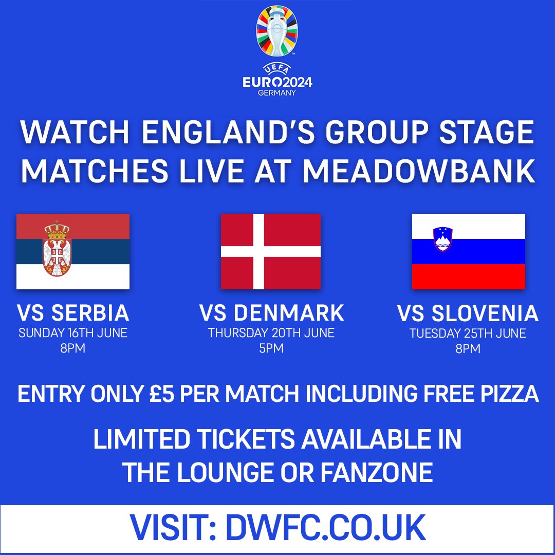 ENGLAND WILL BE LIVE AT MEADOWBANK 📺 Book your tickets to watch England's group stage matches in The Lounge or FanZone at Meadowbank. Entry only £5 inc. FREE pizza 🍕 dorkingwanderersfc.ktckts.com/brand/euro2024 LIMITED TICKETS AVAILABLE 🎟️