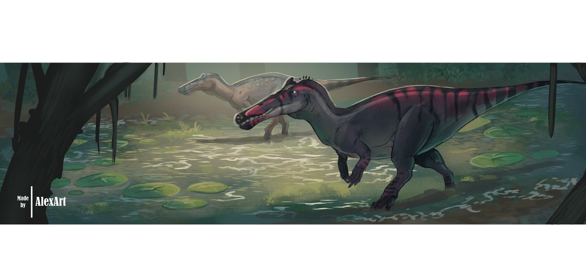 Here is an old artwork of mine. Two Suchomimus walking into mysterious swamp.🌴 #art #digitalart #paleoart