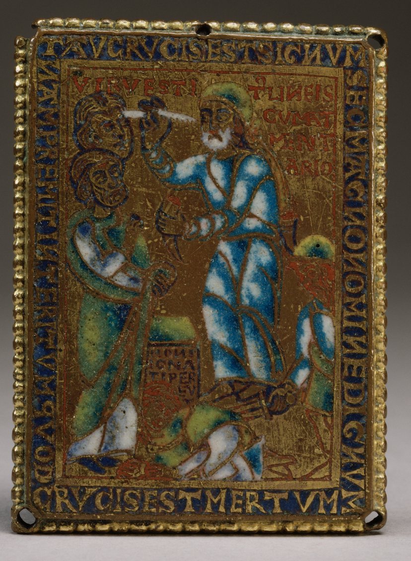 Ezekiel sealing the faithful with the letter Tau (T), symbolizing the Cross (Ez 9:2-7). 12th-century champelevé enamel, Walters Art Museum