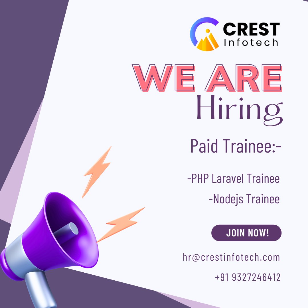 crestwebtech's tweet photo. Contact: hr@crestinfotech.com #opportunities #Laravel #NodeJS #training #internship #batch2023 #intern2024 #batch2024 #careerdevelopment #jobs @crest_web ™ https://t.co/cvO6ypQhHy