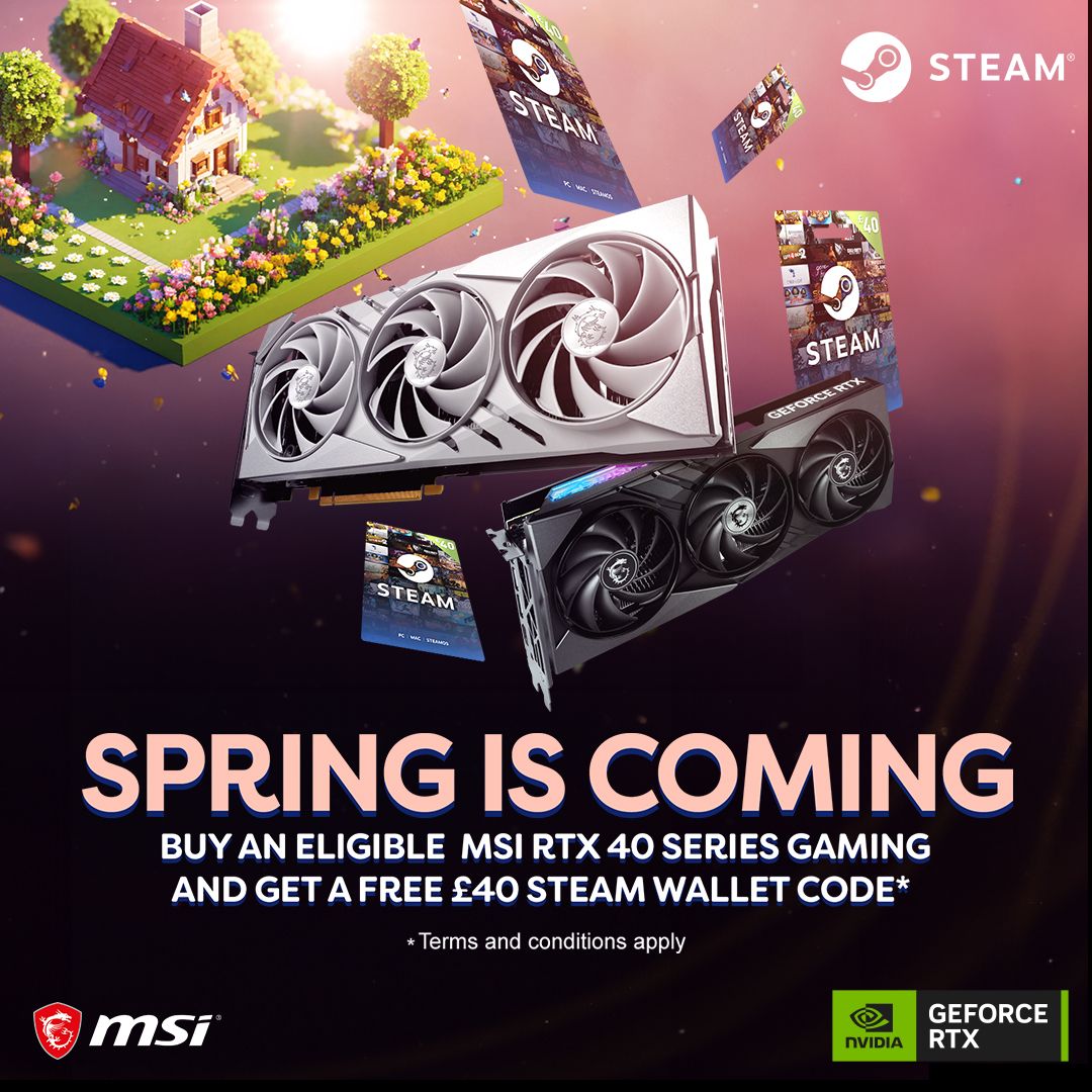 The MSI Spring sale has been extended! 🤩 Buy an eligible MSI RTX 40 Series Gaming GPU from AWD-IT and cash in on a £40 Steam voucher! 🔥SHOP NOW > tinyurl.com/my2ttf5z @msigaming #gamingsetup #gamingpc #pcgaming #gaming #msi #nvidia