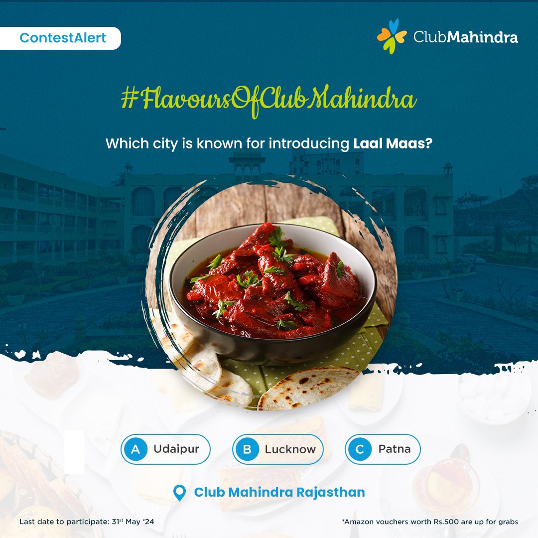#ContestAlert 7 of 15 Participate in all #FlavoursOfClubMahindra contest posts & win.​ STEPS 1) Commenting using #FlavoursOfClubMahindra & tagging 4 friends and @clubmahindra is mandatory​​ 2)Participate in all 15 contest posts Winners get Amazon vouchers worth INR 500 each.