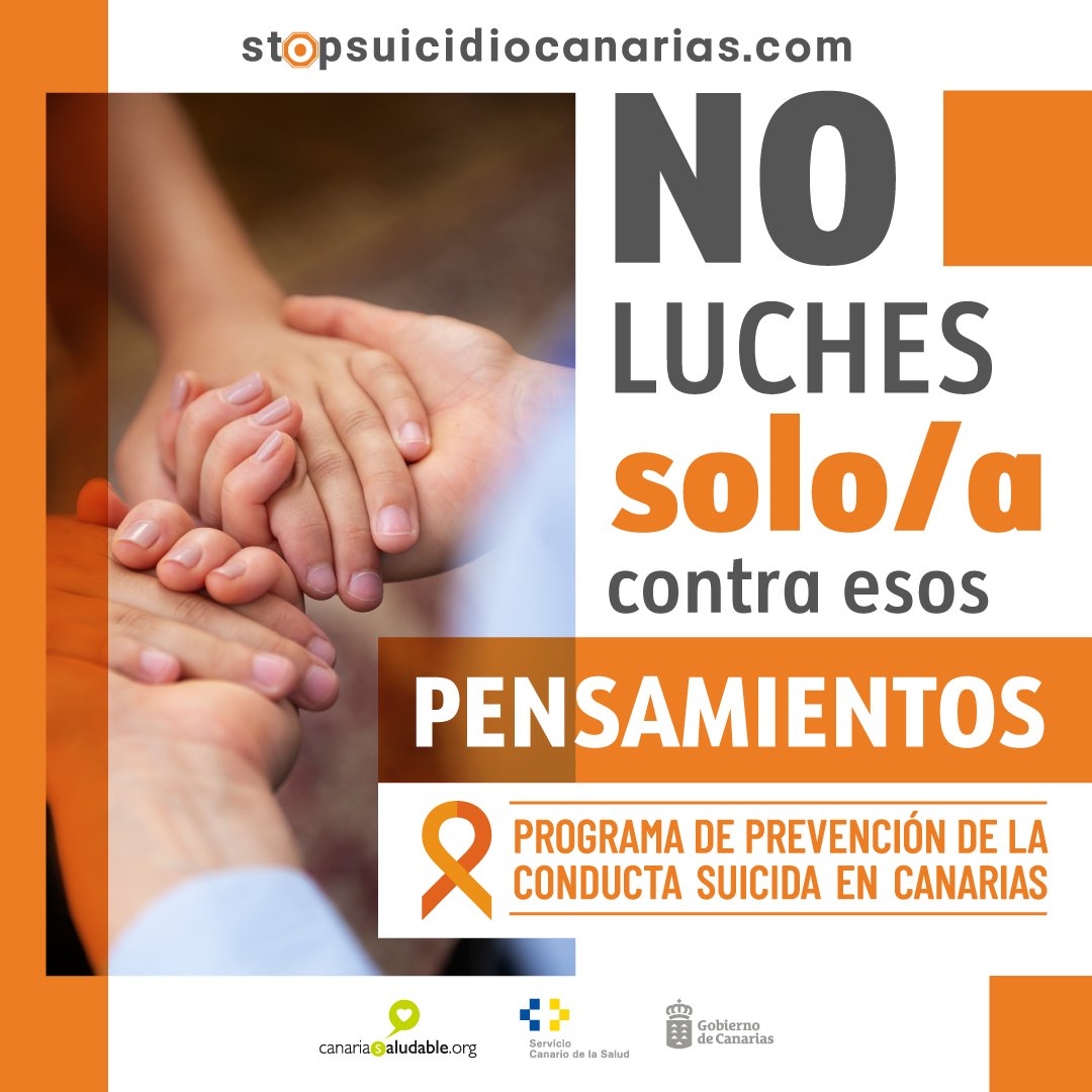 #PrevencionSuicidio Las ideas de #suicidio pueden surgir en momentos de gran sufrimiento, pero es importante entender que estos pensamientos son transitorios y pueden ser gestionados. Es fundamental buscar ayuda lo antes posible. Más información: gobiernodecanarias.org/stopsuicidio/e…