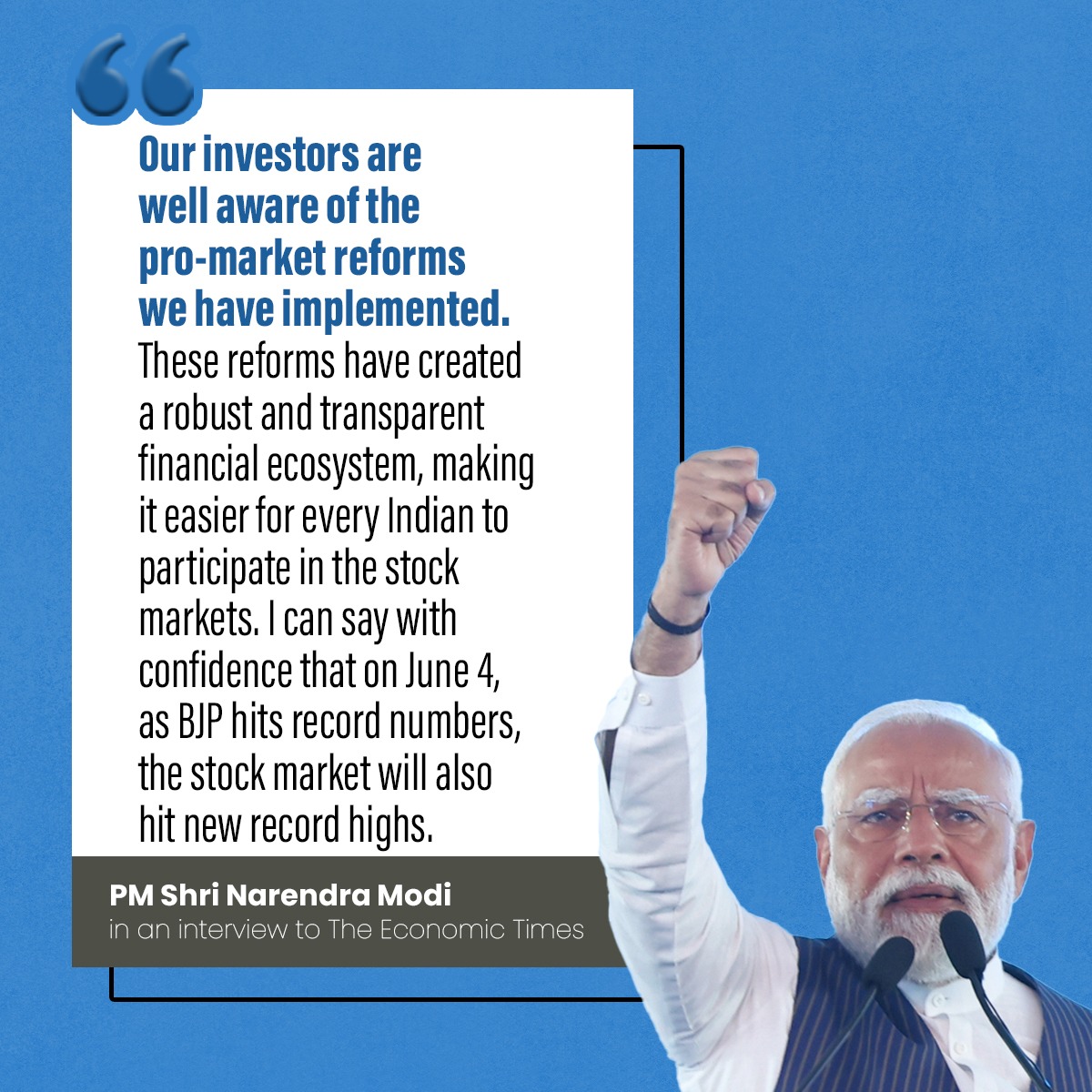 I can say with confidence that on June 4, as BJP hits record numbers, the stock market will also hit new record highs. - PM Shri @narendramodi
