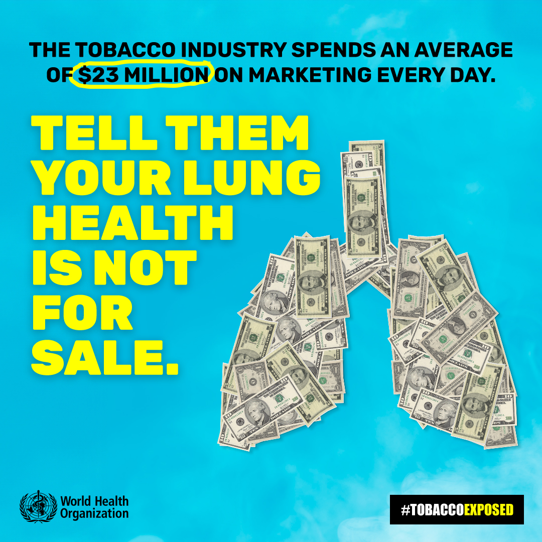 World Health Organization (WHO) (@who) on Twitter photo Big Tobacco will stop at nothing to reach their audience… even if it means they kill 8 million people a year with their products.
It’s time to step in and call them out.
Join the campaign: bit.ly/3yeDtt0
#TobaccoExposed Big Tobacco will stop at nothing to reach their audience… even if it means they kill 8 million people a year with their products.
It’s time to step in and call them out.
Join the campaign: bit.ly/3yeDtt0
#TobaccoExposed
