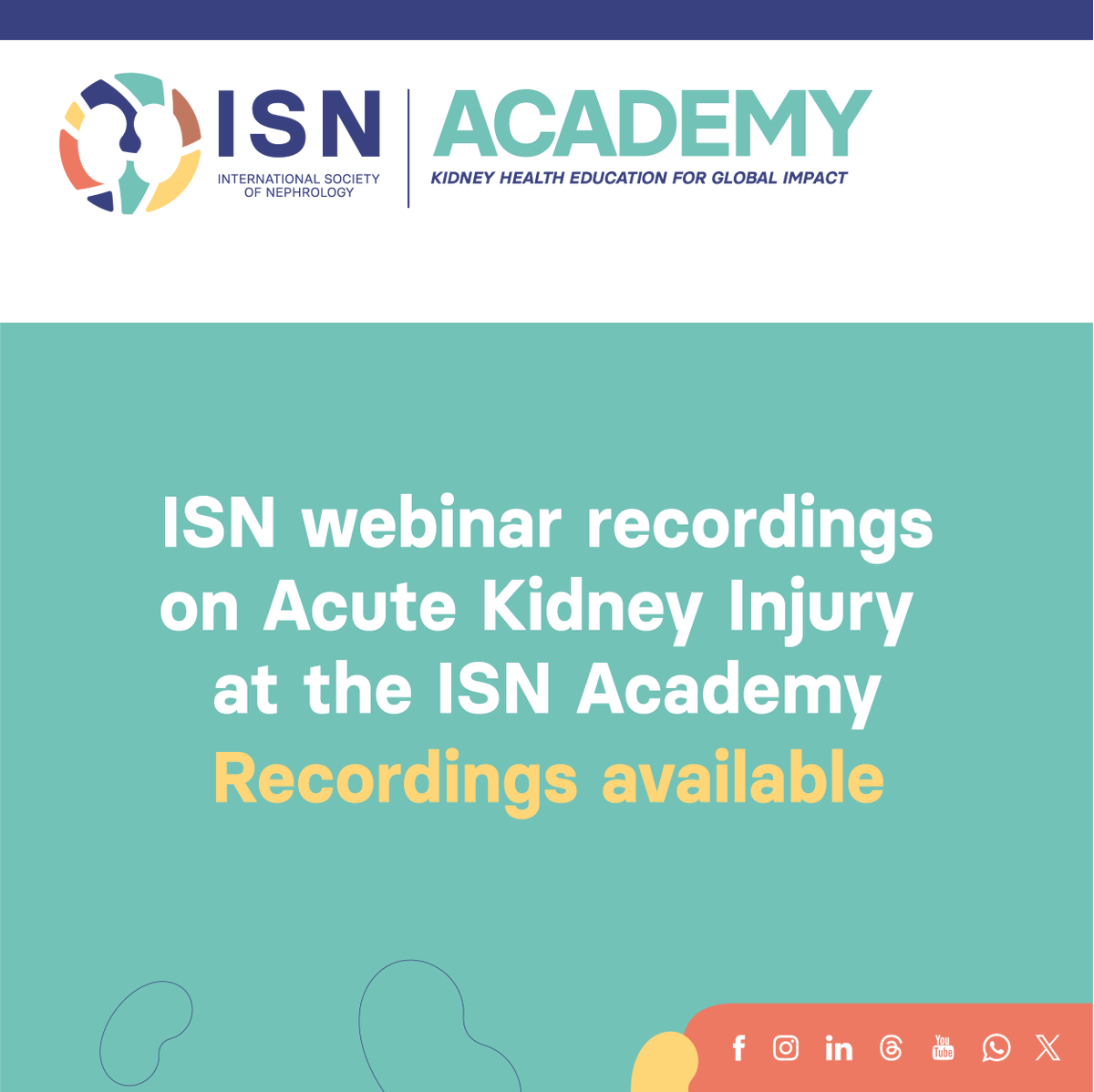 4⃣ ISN webinar recordings on AKI at the ISN Academy 🔸Nuances in Nephrology Webinar: The Continuum of AKI, AKD, and CKD: Predictive Biomarkers academy.theisn.org/products/at-is… 🔸ISN-@AfricanAFRAN Webinar: AKI in Limited-resource Settings academy.theisn.org/products/isn-a… 🔸Nuances in Nephrology