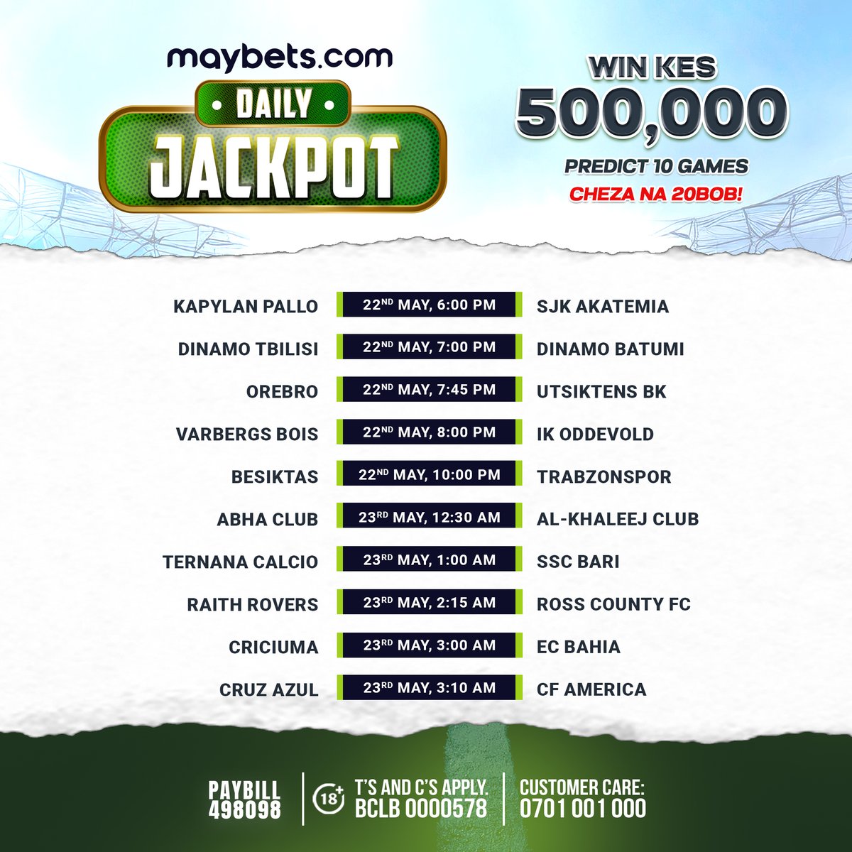 Mambo imechemka! Kuna KES 500,000 yako hapa tumechoka kukuwekea! Kujia!

Stake ya Maybets Daily Jackpot ni 20 bob tu!

Games ni 10, na kuna BONUS ukipata 9/10 correct picks!

Play Now!
bit.ly/MaybetsJP

PayBill: 𝟒𝟗𝟖𝟎𝟗𝟖

📷| Play Responsibly