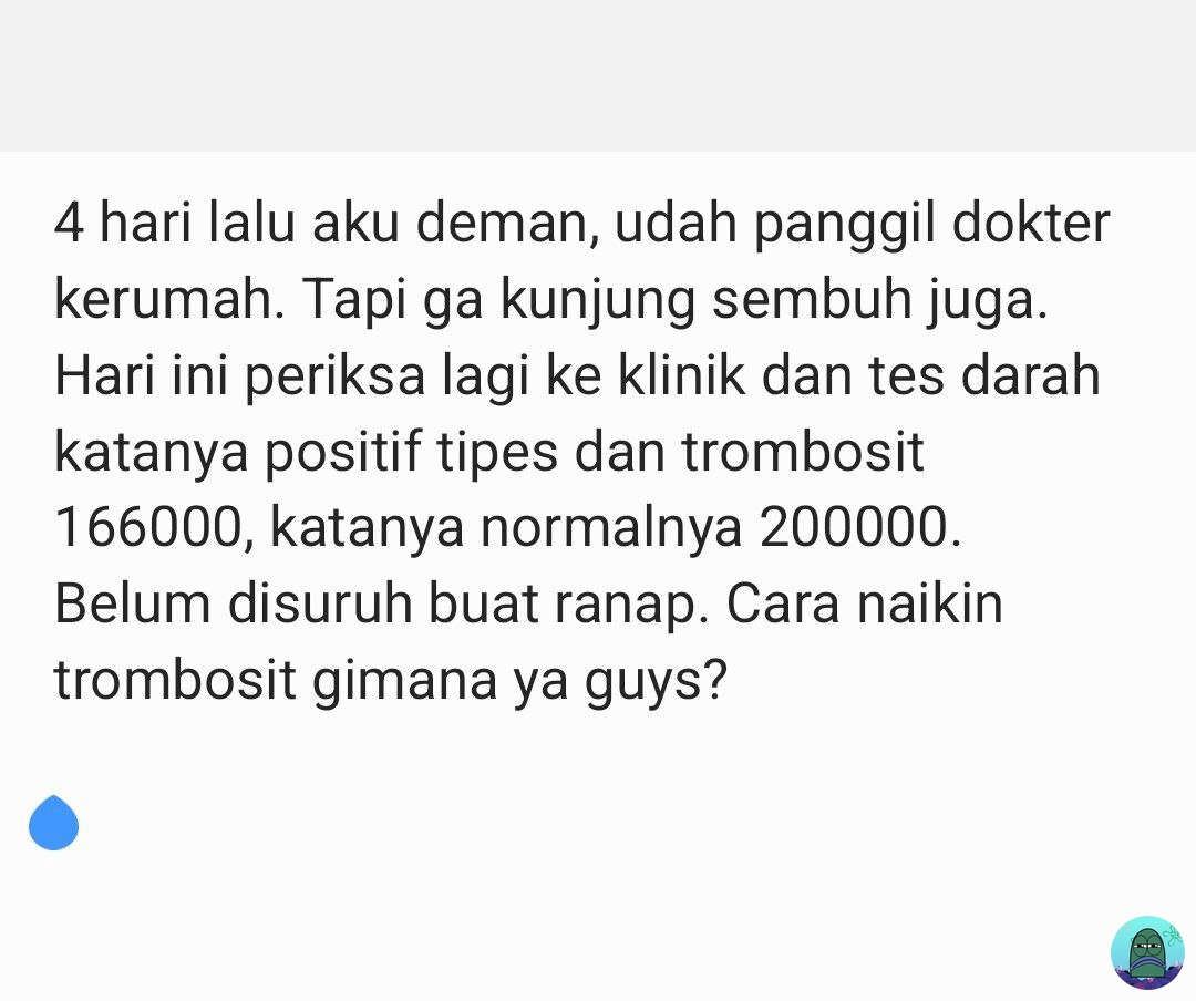 Tanyarl Guys, help please. Cara naikin trombosit pake obat apa? Trus apa boleh dimakan bareng obat yg dari klinik?