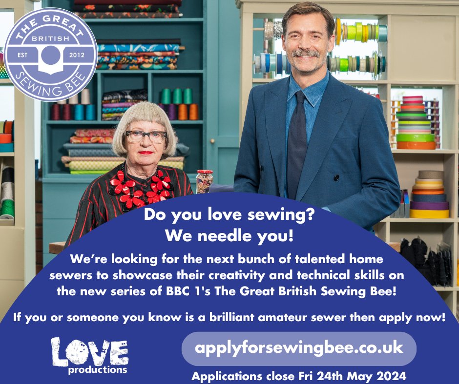 24 HOURS TO GO! Are you a great home sewer? Or do you know someone who is? Then apply to the next series of BBC1's The Great British Sewing Bee! More information at: applyforsewingbee.co.uk Applications close TOMORROW! #ad @LoveProductions