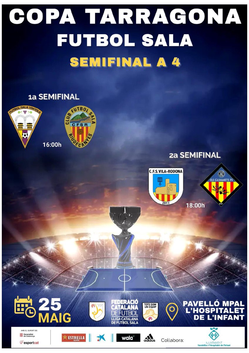 💥 Dissabte, 25 de maig, es disputaran les semifinals a 4 de la Copa Tarragona Sènior de futbol sala al pavelló esportiu de l’Hospitalet de l’Infant. 

🙌 El pavelló de l’Hospitalet de l’Infant acollirà també una jornada de tecnificació de futbol sala femení!