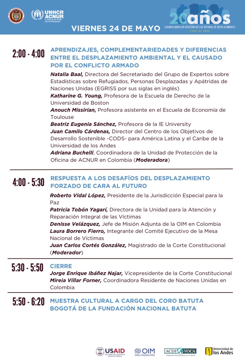 Este #Evento será transmitido a través de los canales oficiales de la Corte Constitucional de Colombia: YouTube, Facebook y su página web. Y es convocado conjuntamente por la Sala Especial de Seguimiento a la T-025/04 de la Corte y ACNUR #Agenda ➡️ youtube.com/live/Xf62Nl3yQ…