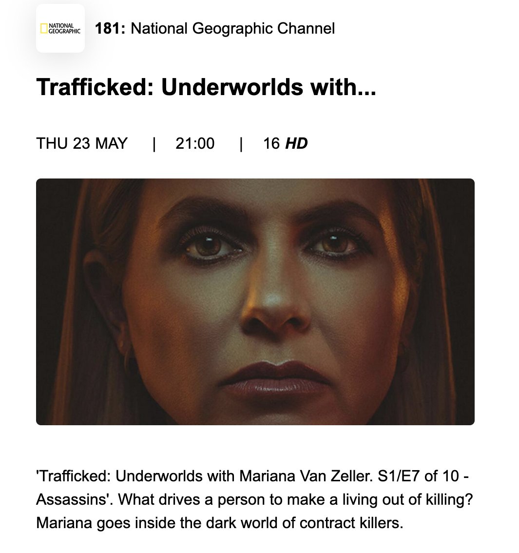 FINALLY! The South African premiere of Trafficked with Mariana van Zeller (S4). Mzansi's Underworld called - and M answered. This is the first  time this incredible investigative journalism team covers South Africa. Tonight on DSTV181.  Don't miss it!
<a href="/NatGeo/">National Geographic</a> <a href="/MarianaVZ/">Mariana van Zeller</a> <a href="/DStv/">DStv</a>