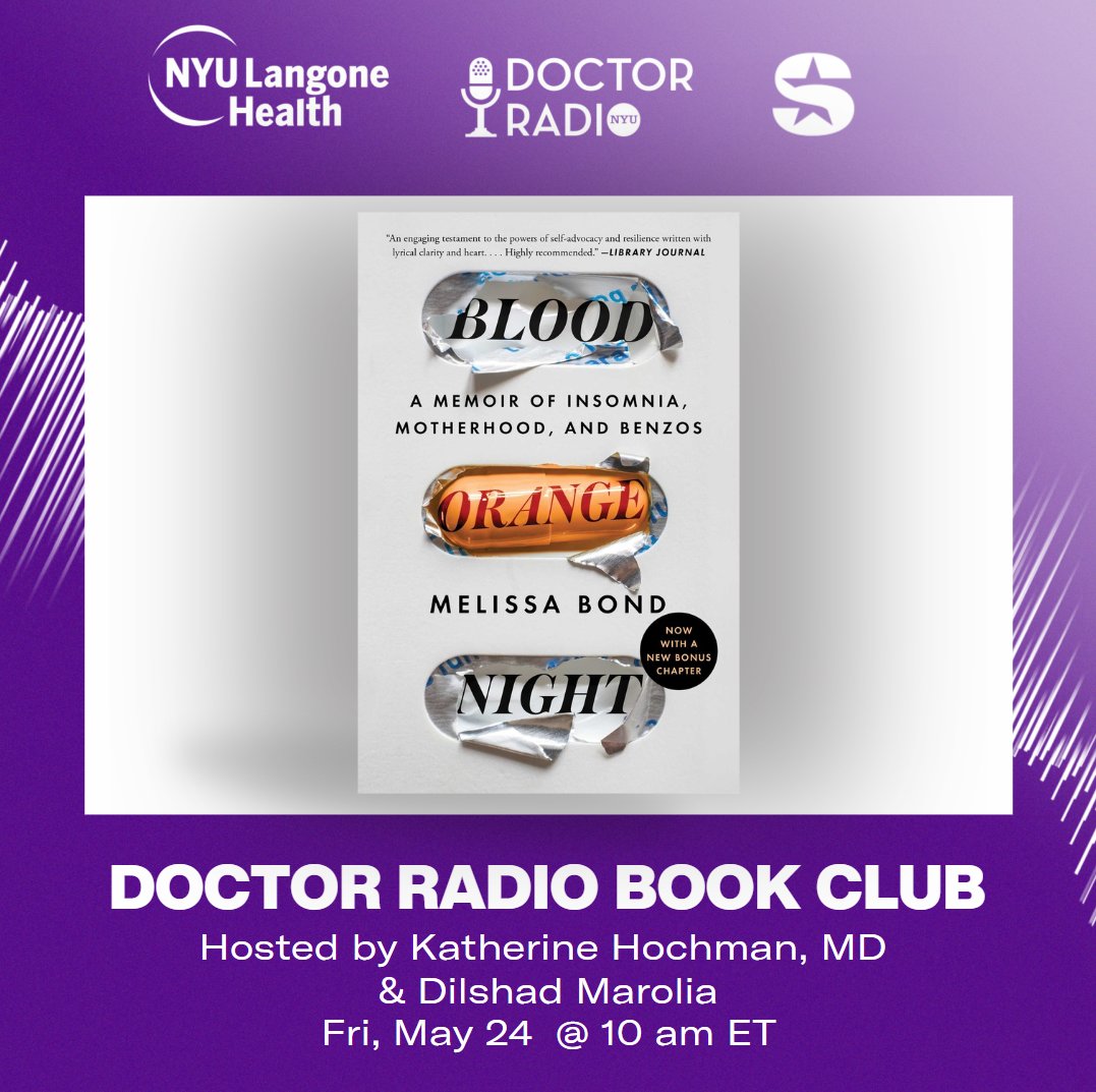 Join Book Club on Friday at 10amET. @KHochmanMD and @dilshadmarolia will talk with author Melissa Bond about her memoir 'Blood Orange Sky' who was prescribed benzos for insomnia and her journey to detox from these powerful drugs while caring for two young children.