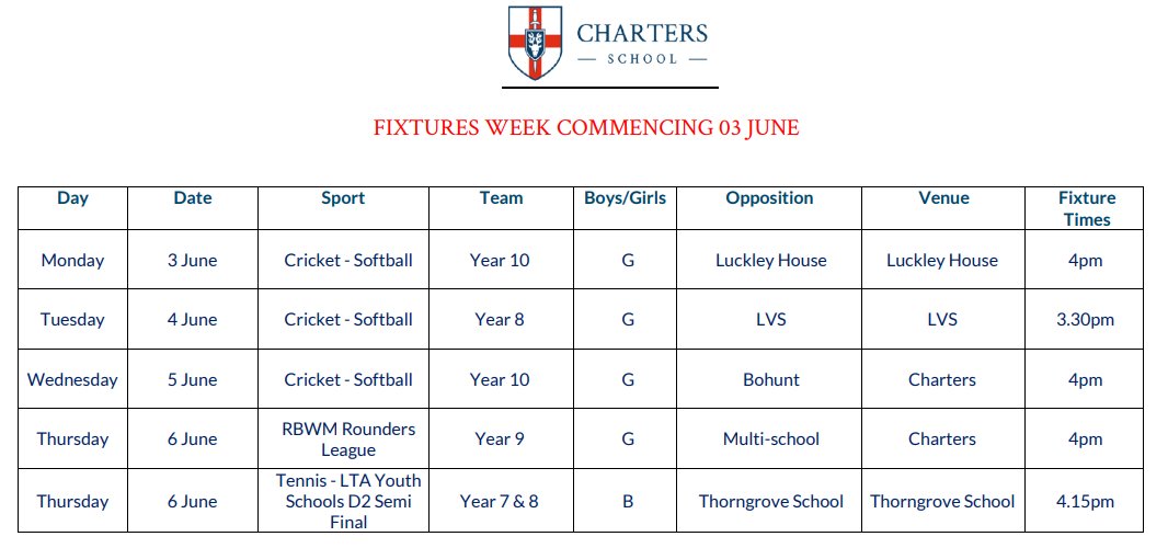 W/B 03.06.24 Club cancellations: Tuesday - All Girls Cricket Fixtures: