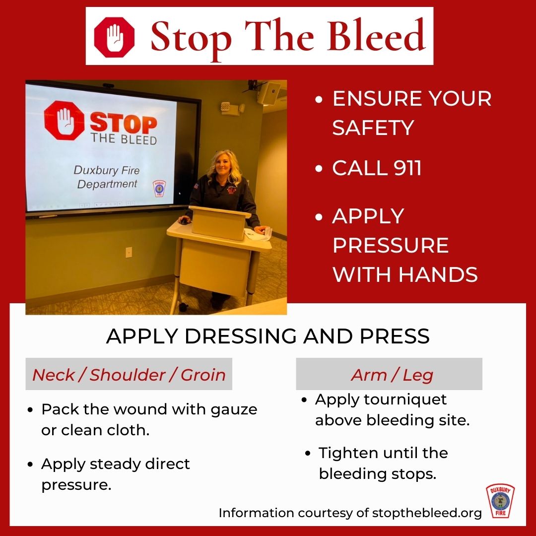 Do you know how to stop bleeding after an injury? ⁠
⁠
1. Ensure your safety ⁠
2. Call 911 ⁠
3. Apply pressure with hands ⁠
4. Apply dressing and press ⁠
⁠
#dxfd #stopthebleed #firstaid #savealife ⁠