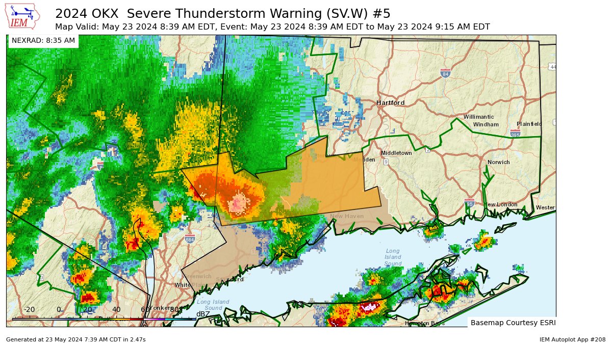 OKX issues Severe Thunderstorm Warning [wind: 60 MPH (RADAR INDICATED), hail: 1.00 IN (RADAR INDICATED)] for Fairfield, New Haven [CT] and Putnam [NY] till 9:15 AM EDT mesonet.agron.iastate.edu/vtec/f/2024-O-…