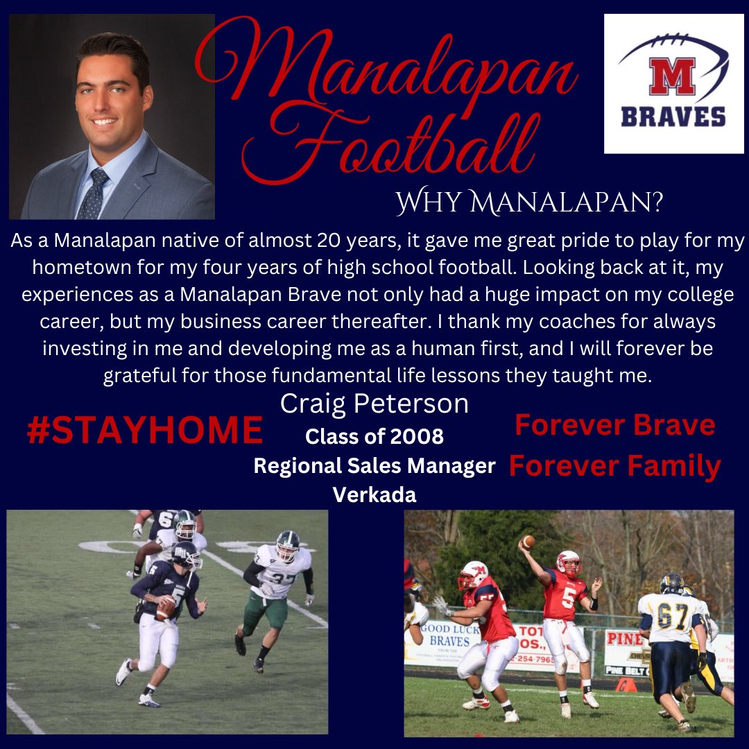 HERE WE GO!! Week 9 of profiling one of our fmr Manalapan Football players..from #churchlane to ⁦@MUHawksFB⁩ to #regsalesmanager..the 1st QB in Braves history to pass for over 3000 yards in his career.⁦@CraigPete5⁩ #captain #thebraveway #STAYHOME