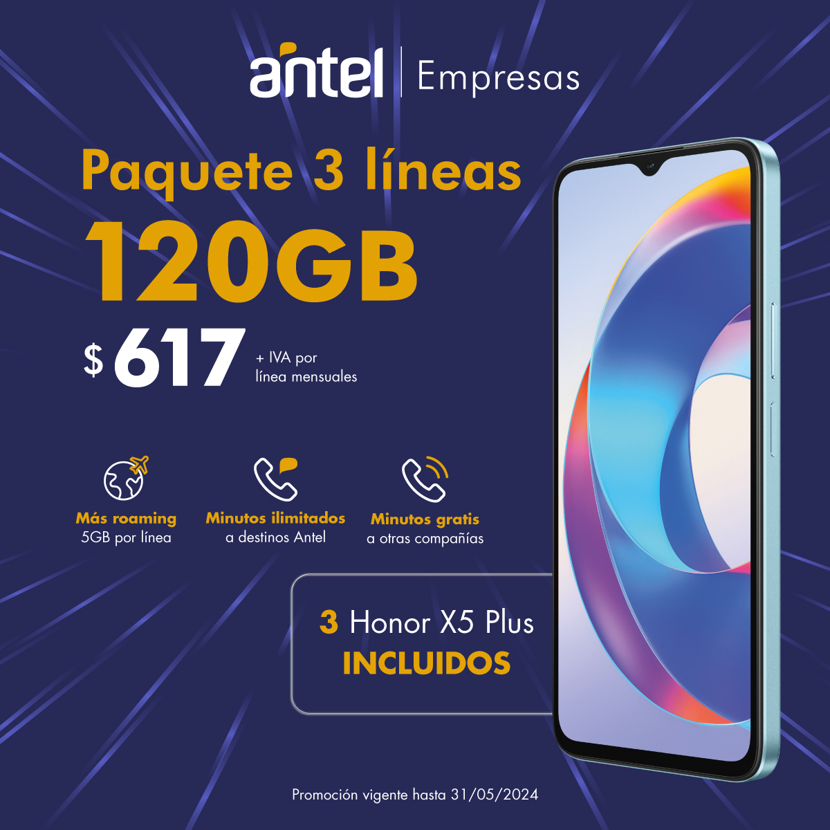 ¡Con el paquete pymes impulsá tu empresa! 🚀🙌 Tenés 3 líneas móviles con 120 gigas por mes, minutos ilimitados a destinos Antel, minutos gratis a otras compañías y 5 gigas de roaming para cada línea. Conocé más en: bit.ly/3Lineas120GIGAS. #SocioDeTuNegocio #PaquetePymes