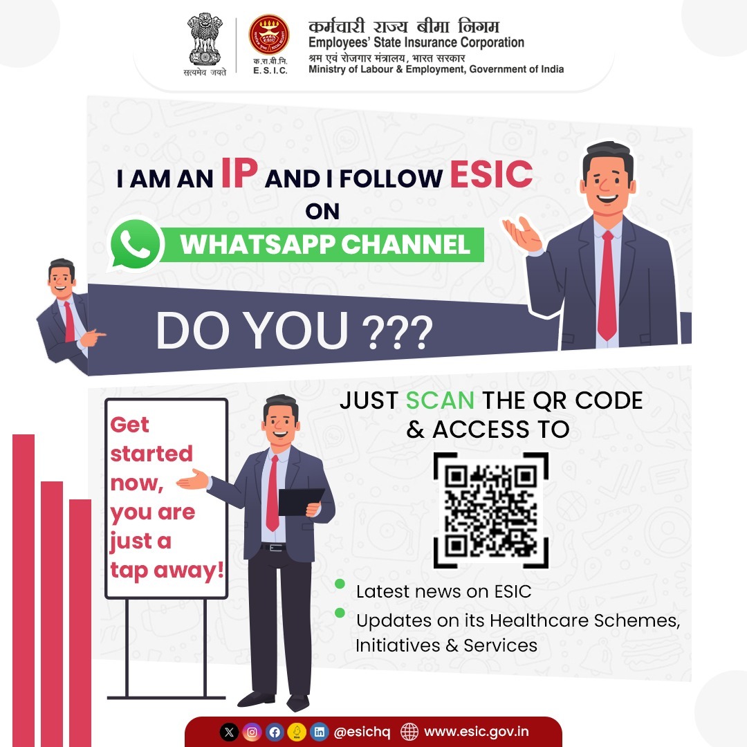 PING! PING! 

Hey there! Here’s a very important message for you all, ESIC is now available on WhatsApp Channel, bringing the latest updates, news and events related to ESIC with just one tap. 
     
#ESICHq #StayConnected #WhatsAppChannel #ESICWhatsApp #ESIUpdates #ESIScheme