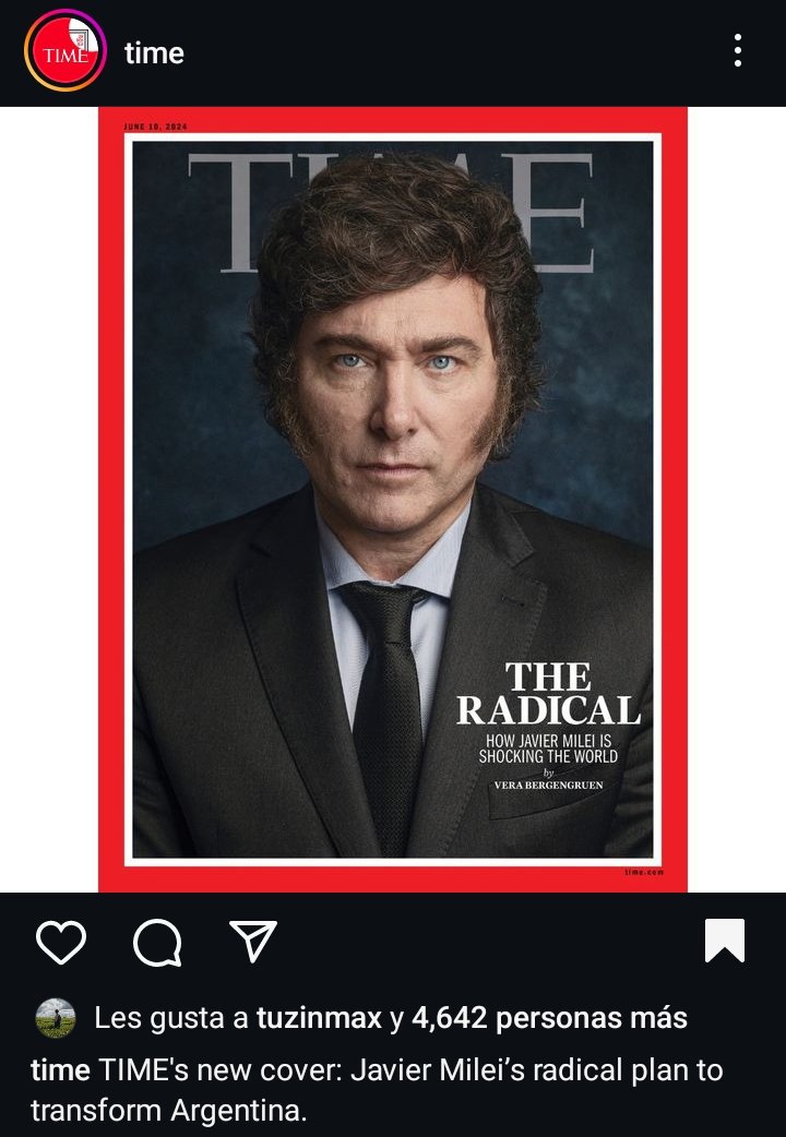El presidente <a href="/JMilei/">Javier Milei</a> portada de la revista time.
<a href="/madorni/">Manuel Adorni</a> <a href="/RAMIROMARRA/">Ramiro Marra</a> <a href="/JonatanViale/">Jonatan Viale</a> <a href="/lanacionmas/">La Nación Más</a> <a href="/todonoticias/">TN - Todo Noticias</a>
