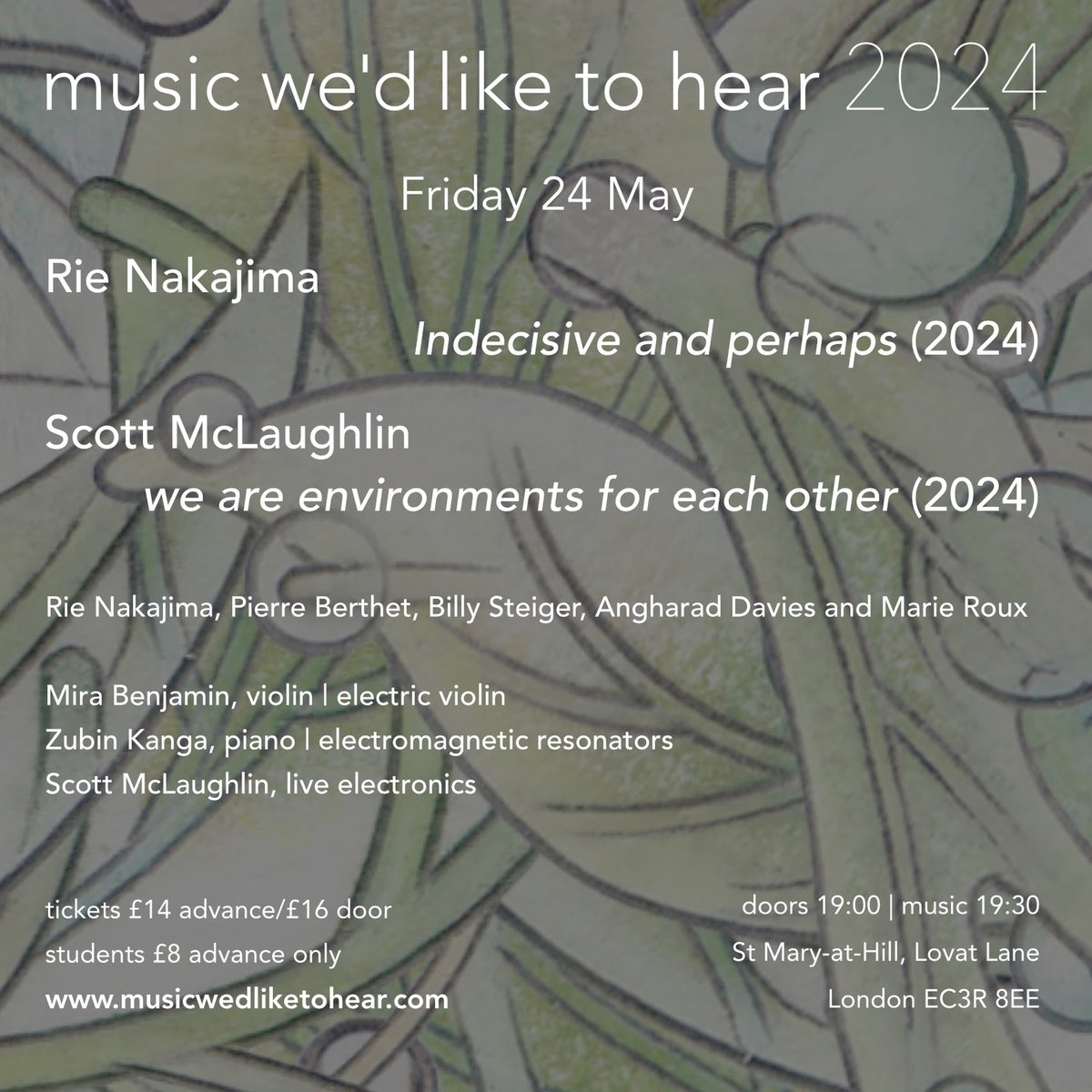 Zubin Kanga (@zubinkanga) on Twitter photo Tomorrow I'm joining <a href="/mugloch/">scott mclaughlin</a> and <a href="/mirabenjy/">Mira Benjamin</a> at <a href="/mwlth/">music we'd like to hear</a> to launch our new album with HCR/<a href="/nmcrecordings/">NMC Recordings</a>, we are environments for each other. An entangled system of Mira's electric violin playing my piano via electromagnet.
7:30 at St Mary-at-Hill.
musicwedliketohear.com/2024m.html Tomorrow I'm joining <a href="/mugloch/">scott mclaughlin</a> and <a href="/mirabenjy/">Mira Benjamin</a> at <a href="/mwlth/">music we'd like to hear</a> to launch our new album with HCR/<a href="/nmcrecordings/">NMC Recordings</a>, we are environments for each other. An entangled system of Mira's electric violin playing my piano via electromagnet.
7:30 at St Mary-at-Hill.
musicwedliketohear.com/2024m.html