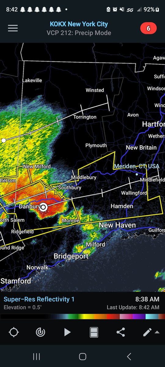 A severe thunderstorm warning has been issued for Fairfield and New Haven County. Hazards include quarter sized hail and 60 mph winds. Storm motion is northeast at 35 mph. Seek shelter and stay away from windows. #ctwx
